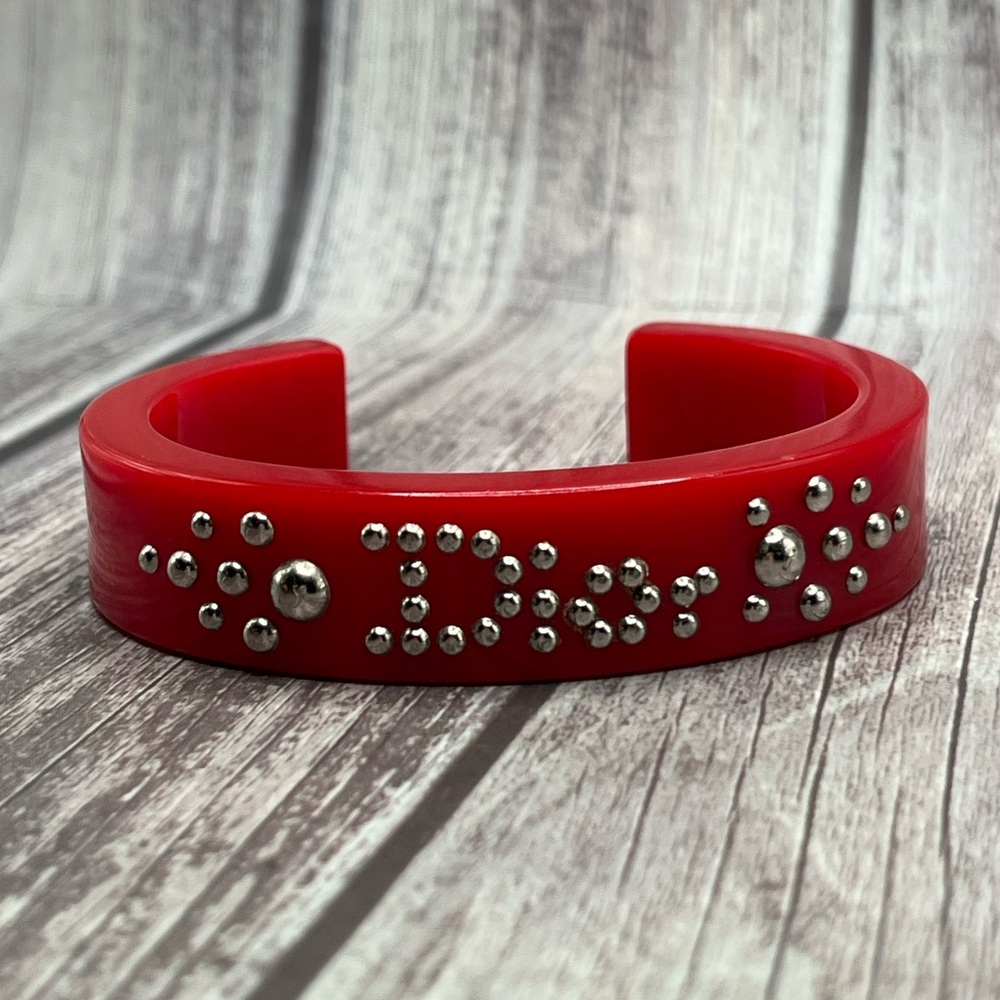 DIOR VTG 90s Lucite Studded Logo Cuff Bracelet Red Resin RARE Vintage Galliano - Picture 10 of 12